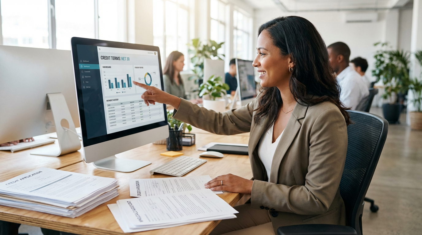 Customer service representative reviewing credit terms and payment history